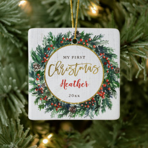 Baby's First Christmas Holly Berries Wreath Photo Ceramic Ornament