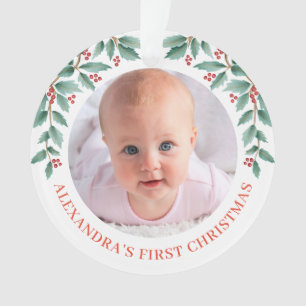 Babys First Christmas Holly Wreath Watercolor Rose Ornament