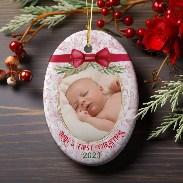 Baby's First Christmas I Pink Red Girl Name Photo Ceramic Ornament (Baby's First Christmas 2023, Personalized Name & birth date, pink & red floral, watercolor holly bow)