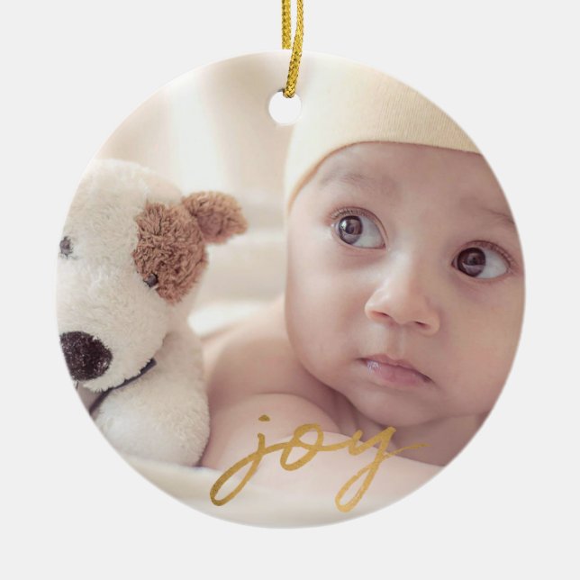 Babys First Christmas Joy Gold Snowflakes Custom Ceramic Ornament (Front)