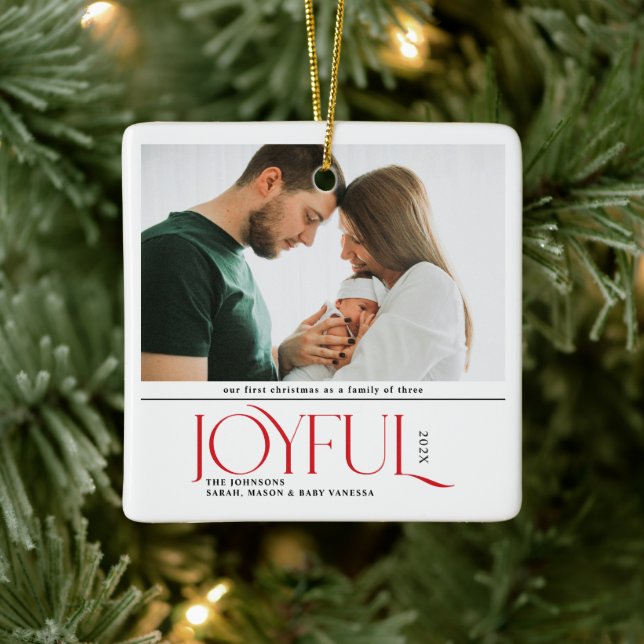 Babys First Christmas Joyful Birth Announcement Ceramic Ornament (Tree)