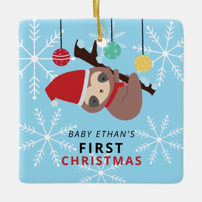 Baby's First Christmas Kawaii Sloth Winter Holiday Ceramic Ornament (Front)