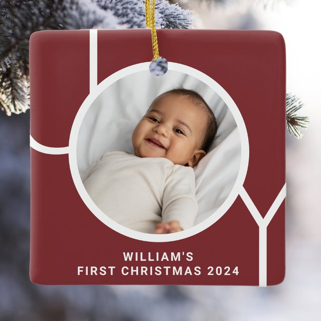 Baby's First Christmas Keepsake Photo Red Ceramic Ornament (Creator Uploaded)
