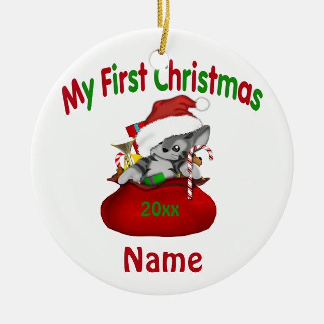 Babys First Christmas Kitty Personalised Ceramic Tree Decoration (Front)