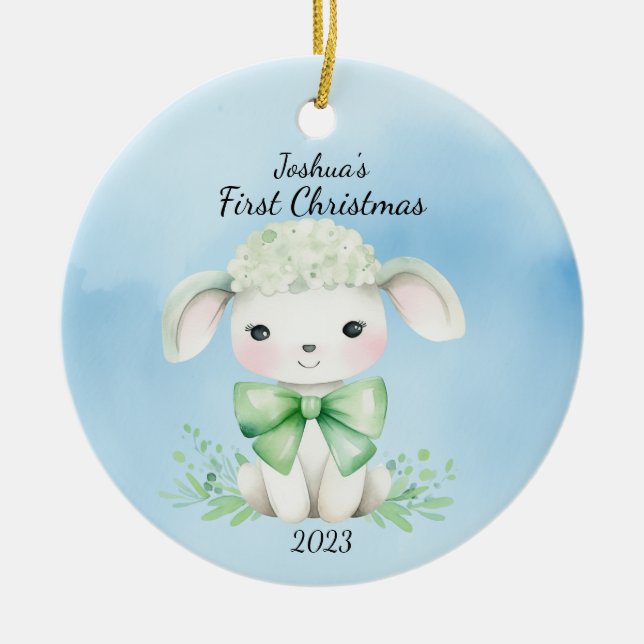 Baby's First Christmas Lamb Blue Personalised Ceramic Ornament (Front)