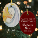 Baby's First Christmas Madonna and Child  Ceramic Ornament<br><div class="desc">This Madonna and Child ornament ornament can be personalized to fit your occasion. The front is designed with an inspirational watercolor image, and the back color with text can be changed to suit holiday gifts or birthdays for newborns. This image can be purchased as is, or transferred to another product....</div>