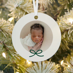 Baby's First Christmas Minimal Green Bow Photo  Metal Tree Decoration