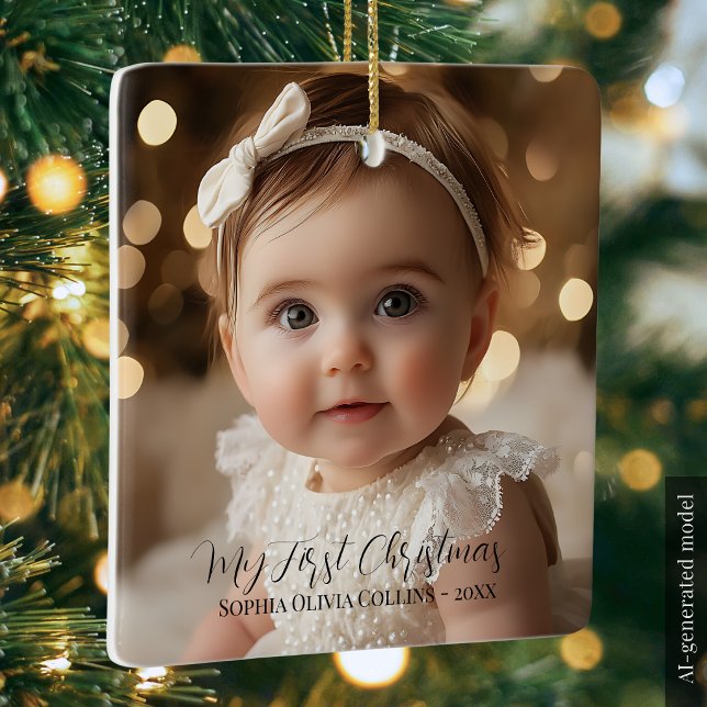 Baby's First Christmas Minimalist Script 2 Photo Ceramic Ornament (Baby's First Christmas Minimalist Script 2 Photo Ceramic Ornament)