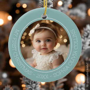 Baby's First Christmas Mint Modern 2 Photo Newborn Ceramic Ornament
