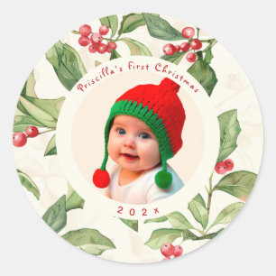Baby's First Christmas Mistletoe Photo Classic Round Sticker