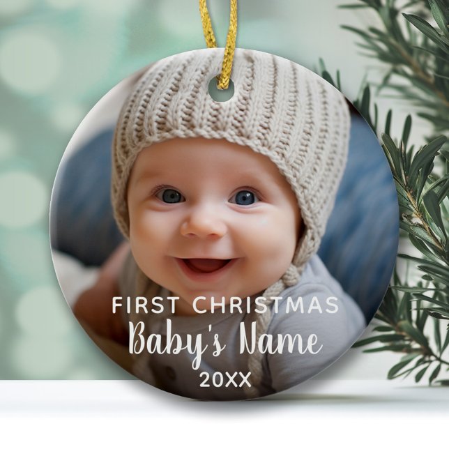 Baby's First Christmas - Modern Calligraphy Ceramic Ornament (Baby's First Christmas Ornament with Photo and Modern Type)