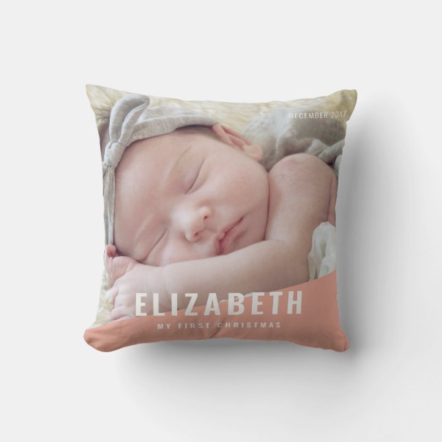 Baby's First Christmas Modern Chic Photo Year Cushion (Front)