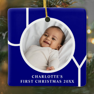 Baby's First Christmas Modern Custom Photo Blue Ceramic Ornament