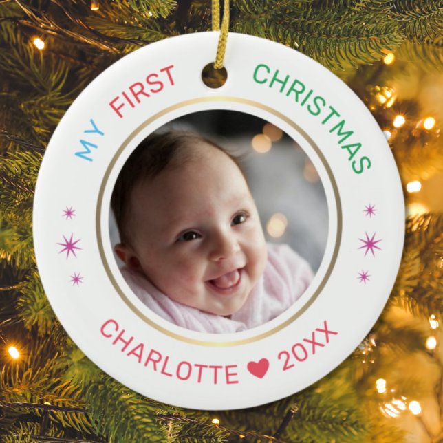 Baby's First Christmas Modern Photo Ceramic Ornament (Creator Uploaded)