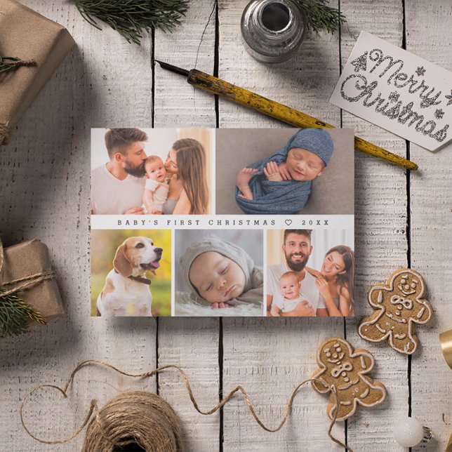 Baby's First Christmas Modern Photo Collage Happy Holiday Card (Baby's first Christmas, newborn photography custom family holiday card.)