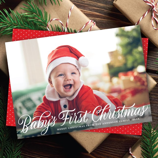Baby's First Christmas Modern Script Photo Holiday Card (Creator Uploaded)