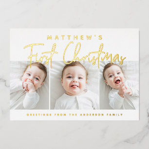 Baby's First Christmas Modern Simple Three Photo Foil Holiday Card