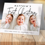 Baby's First Christmas Modern Simple Three Photo Holiday Card<br><div class="desc">Design at the front consist of playful cursive typography of "First Christmas". Add custom photos of your new baby and add baby's and family name. This design is modern,  chic,  playful and fun.</div>