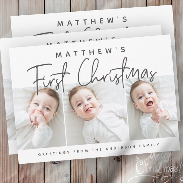 Baby's First Christmas Modern Simple Three Photo Holiday Card (Creator Uploaded)