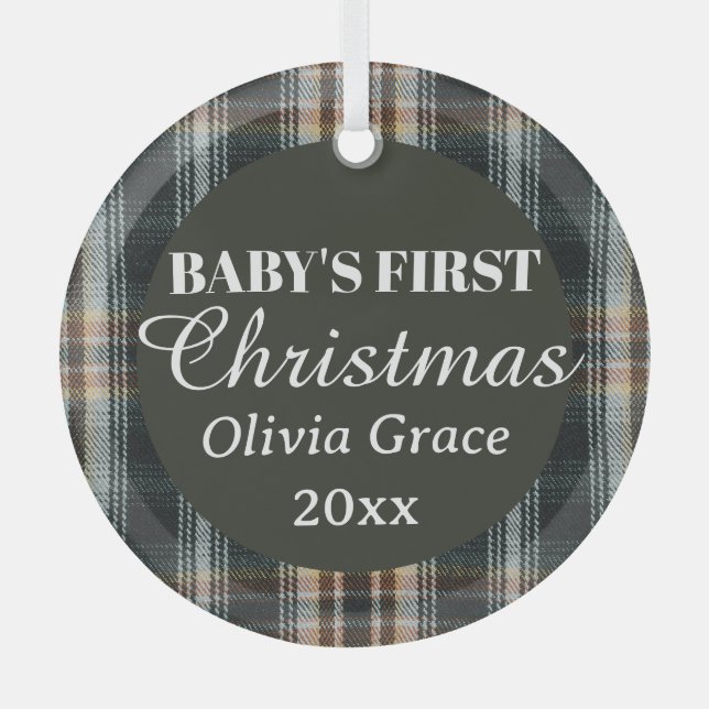 Baby's First Christmas Name Year Keepsake Plaid Glass Tree Decoration (Front)