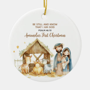 Baby's First Christmas Nativity Animal Bible Verse Ceramic Ornament