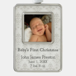 Baby's First Christmas on Silver Damask Plated Framed Ornament