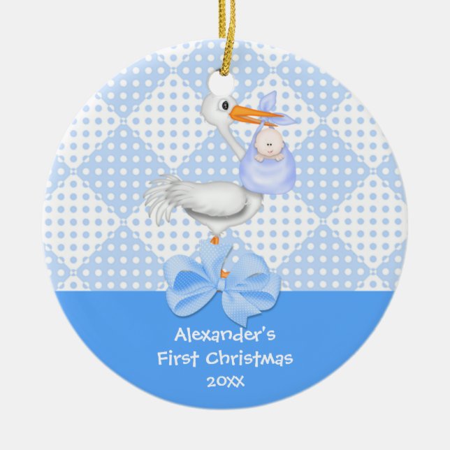 Baby's First Christmas Ornament Baby Boy Stork (Front)