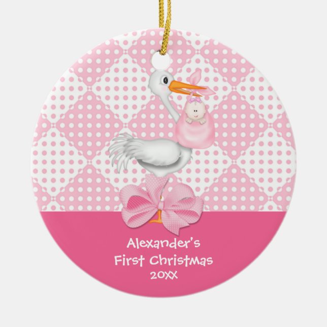 Baby's First Christmas Ornament Baby Girl Stork (Front)