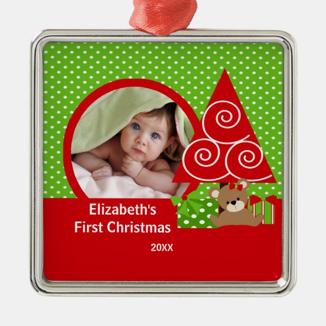 Babys First Christmas Ornament Bear Girl Photo (Front)