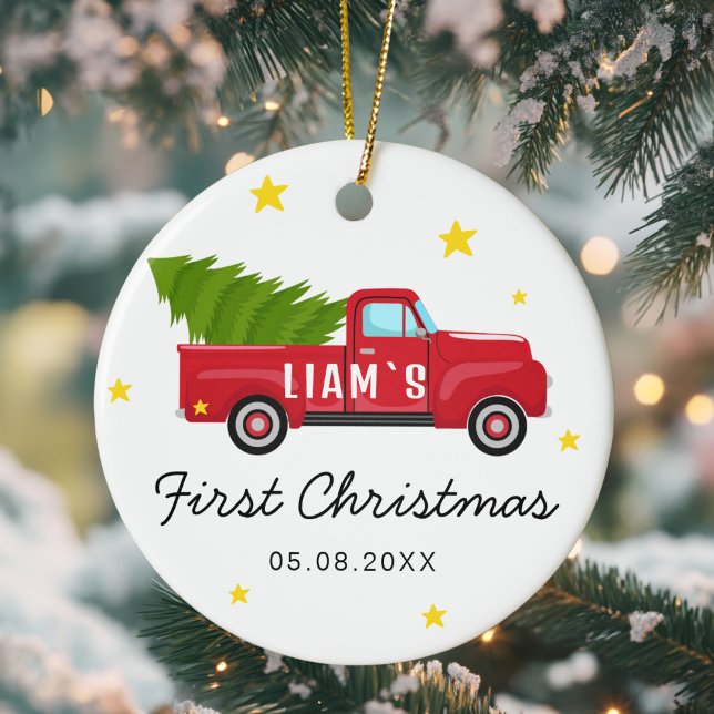 Baby's First Christmas Ornament – Red Truck &Tree  (Cute Personalized, Baby's First Christmas Ornament – Red Truck, Tree & Stars Design.)