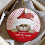 Baby's First Christmas Ornament Santa Bear<br><div class="desc">Baby's First Christmas Ornament features an adorable bear wearing a Santa hat set on a red & white polka dotted background! Available in a heart shape in our shop! Personalise with your baby information and date and you're all set to go! Wonderful dated keepsake gift for your baby's 1st christmas....</div>