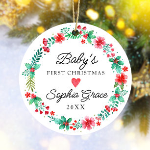 Babys First Christmas Ornament Watercolor Wreath