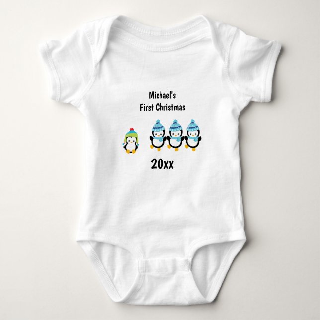 Baby's First Christmas Penguins Baby Bodysuit (Front)