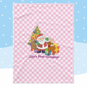 Baby's First Christmas Personalise Name Pink Fleece Blanket