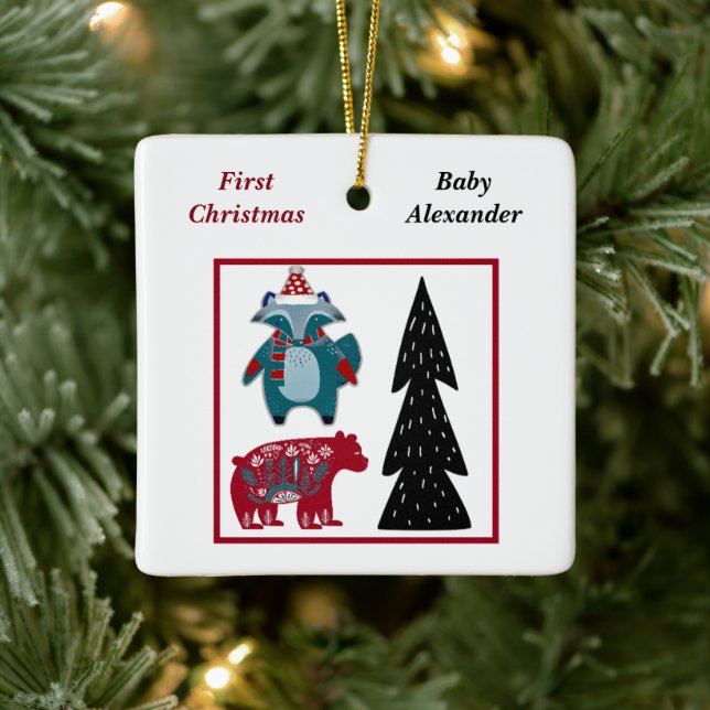 Babys First Christmas Personalised Nordic Folk Art Ceramic Ornament (Tree)