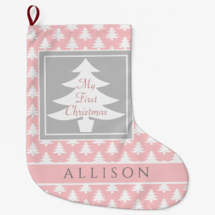 Baby's First Christmas Personalised Pink White Large Christmas Stocking