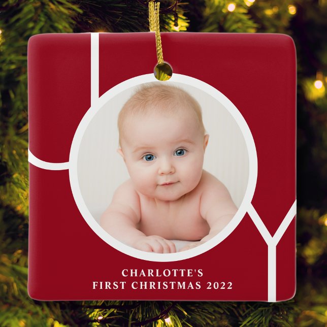 Baby's First Christmas Personilized Red Photo Ceramic Ornament (Creator Uploaded)