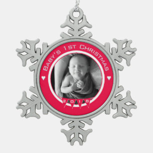 Baby's First Christmas - Photo and Year in RED Snowflake Pewter Christmas Ornament
