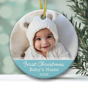 Baby's First Christmas Photo - Blue Boy Background Ceramic Ornament