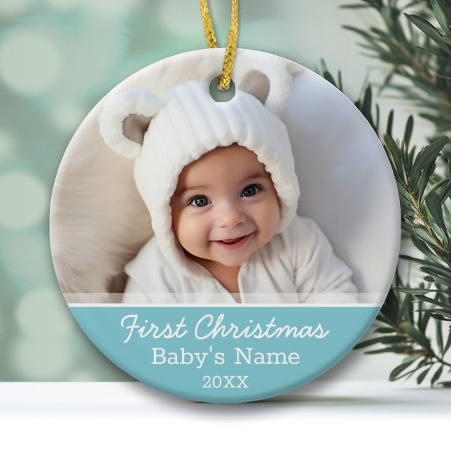 Baby's First Christmas Photo - Blue Boy Background Ceramic Ornament (Baby's First Christmas Ornament with Photo and Cute Light Blue Accents)