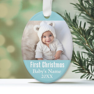 Baby's First Christmas Photo - Blue Boy Background Ornament