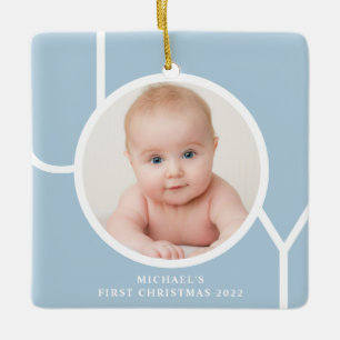Baby's First Christmas Photo Blue Ceramic Ornament