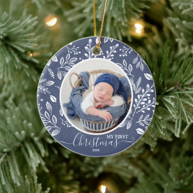 Baby's First Christmas Photo Blue Ceramic Ornament (Tree)