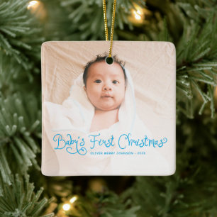 Babys First Christmas Photo Blue Ceramic Ornament