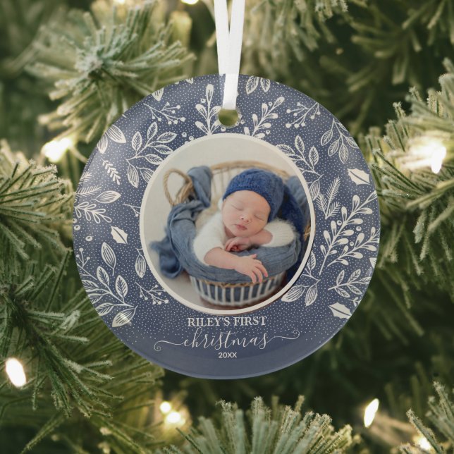 Baby's First Christmas Photo Blue Glass Tree Decoration (Insitu)