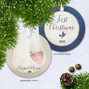 Baby's First Christmas Photo Blue & Gold Ornament