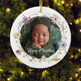Babys First Christmas Photo Botanical Ceramic Ornament