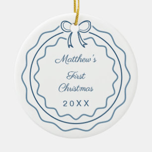 Baby's First Christmas photo bow scalloped blue Ceramic Ornament