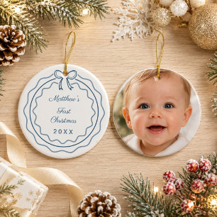 Baby's First Christmas photo bow scalloped blue Ceramic Ornament