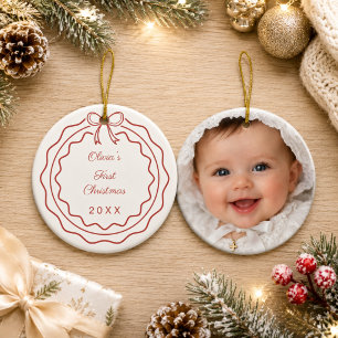 Baby's First Christmas photo bow scalloped Ceramic Ornament